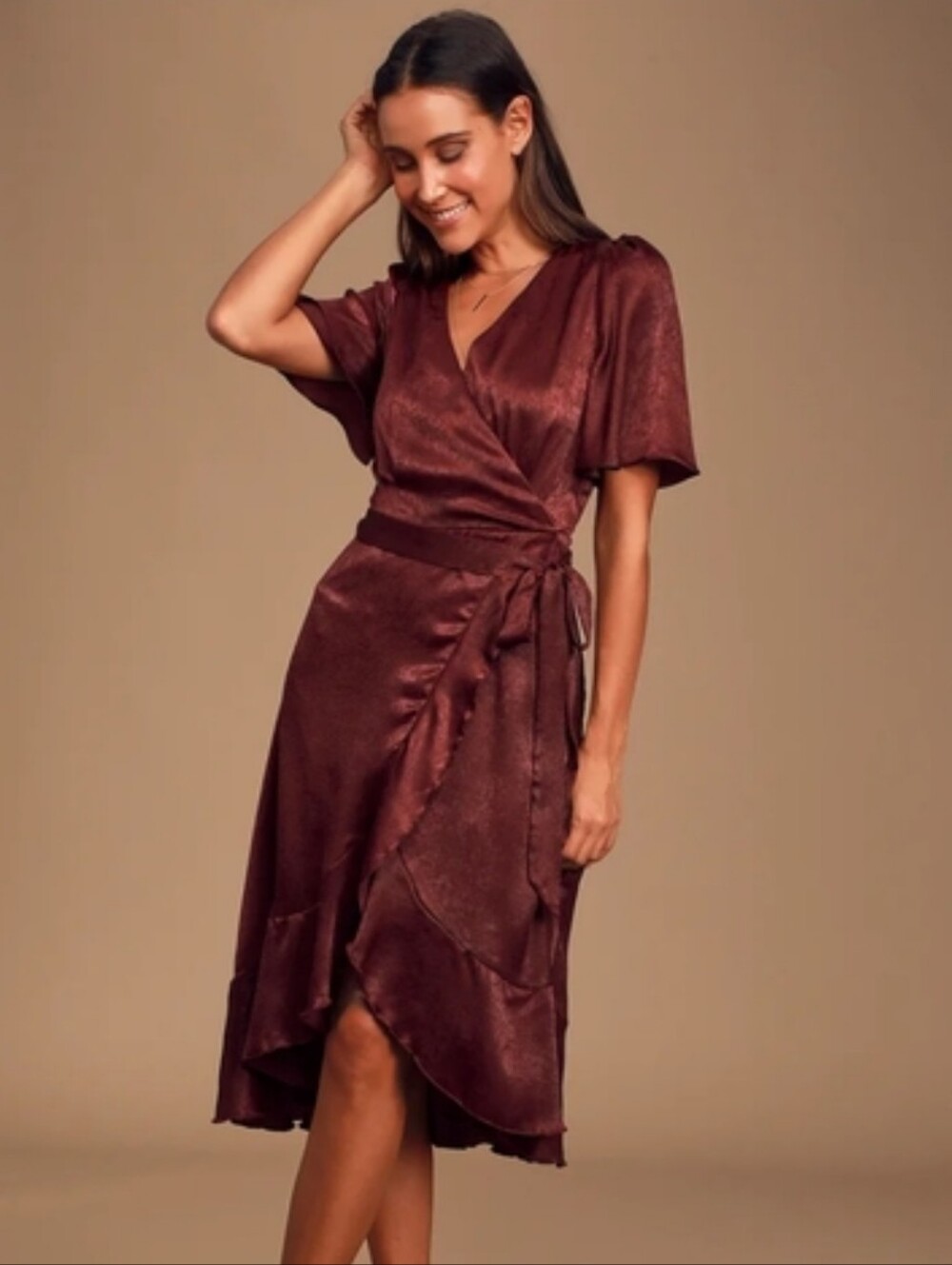 Lulu's bronze rust satin wrap dress